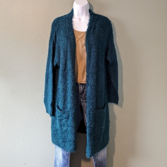 Chelsea & Theodore Sweaters - Chelsea & Theodore Turquoise Teal Fuzzy Knit Long Line Open Cardigan Size L